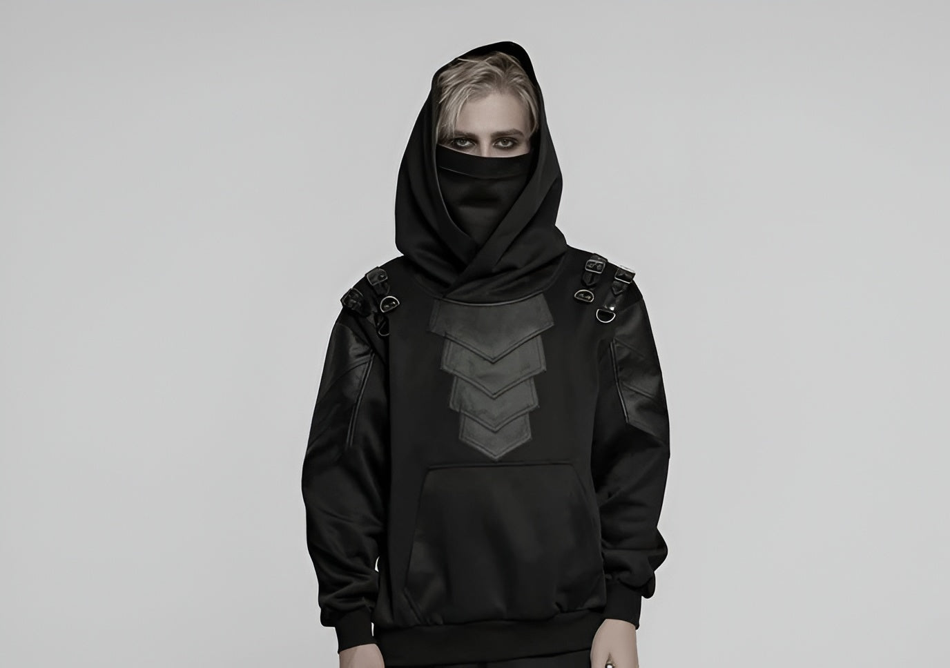Full-body model in black gothic armor hoodie with hooded face cover.
